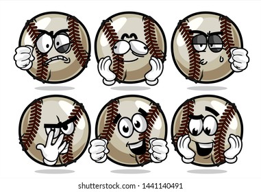 set of funny baseball Ball cartoon character Mascot with various face expression. Vector Illustration Isolated On White Background