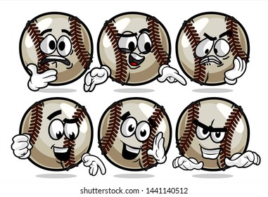 set of funny baseball Ball cartoon character Mascot with various face expression. Vector Illustration Isolated On White Background