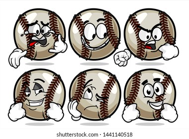 set of funny baseball Ball cartoon character Mascot with various face expression. Vector Illustration Isolated On White Background