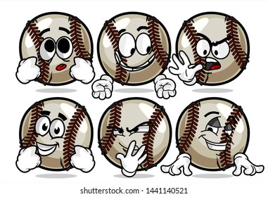 set of funny baseball Ball cartoon character Mascot with various face expression. Vector Illustration Isolated On White Background