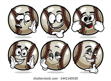 set of funny baseball Ball cartoon character Mascot with various face expression. Vector Illustration Isolated On White Background