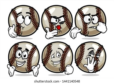 set of funny baseball Ball cartoon character Mascot with various face expression. Vector Illustration Isolated On White Background