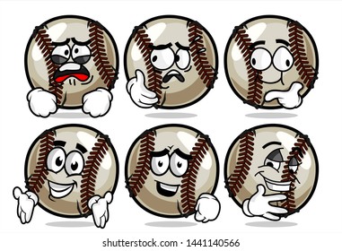 set of funny baseball Ball cartoon character Mascot with various face expression. Vector Illustration Isolated On White Background