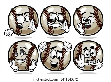 set of funny baseball Ball cartoon character Mascot with various face expression. Vector Illustration Isolated On White Background