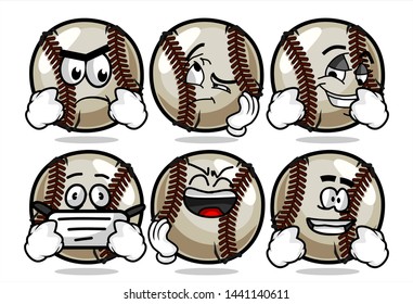 set of funny baseball Ball cartoon character Mascot with various face expression. Vector Illustration Isolated On White Background