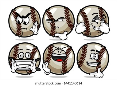 set of funny baseball Ball cartoon character Mascot with various face expression. Vector Illustration Isolated On White Background