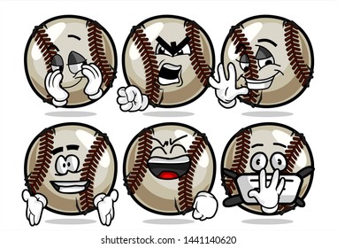 set of funny baseball Ball cartoon character Mascot with various face expression. Vector Illustration Isolated On White Background