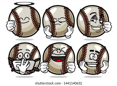 set of funny baseball Ball cartoon character Mascot with various face expression. Vector Illustration Isolated On White Background