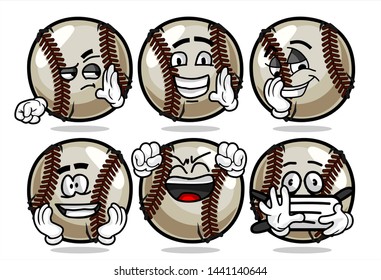 set of funny baseball Ball cartoon character Mascot with various face expression. Vector Illustration Isolated On White Background