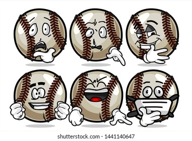 set of funny baseball Ball cartoon character Mascot with various face expression. Vector Illustration Isolated On White Background