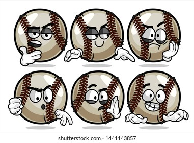set of funny baseball Ball cartoon character Mascot with various face expression. Vector Illustration Isolated On White Background