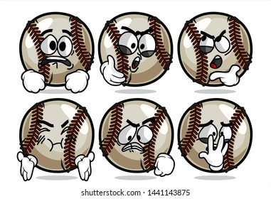 set of funny baseball Ball cartoon character Mascot with various face expression. Vector Illustration Isolated On White Background