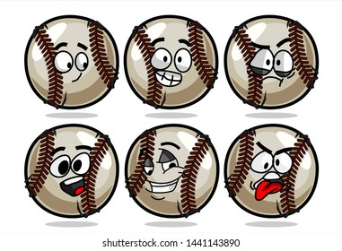 set of funny baseball Ball cartoon character Mascot with various face expression. Vector Illustration Isolated On White Background