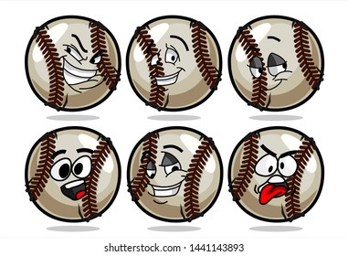 set of funny baseball Ball cartoon character Mascot with various face expression. Vector Illustration Isolated On White Background
