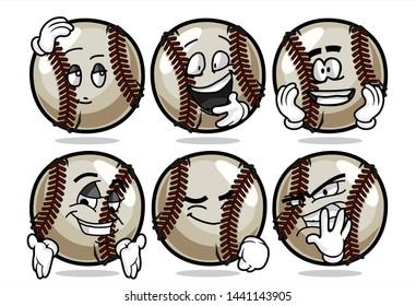 set of funny baseball Ball cartoon character Mascot with various face expression. Vector Illustration Isolated On White Background