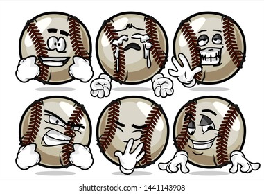 set of funny baseball Ball cartoon character Mascot with various face expression. Vector Illustration Isolated On White Background