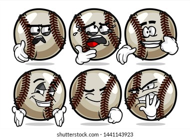 set of funny baseball Ball cartoon character Mascot with various face expression. Vector Illustration Isolated On White Background