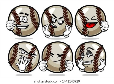 set of funny baseball Ball cartoon character Mascot with various face expression. Vector Illustration Isolated On White Background