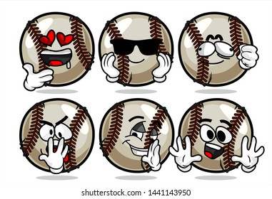 set of funny baseball Ball cartoon character Mascot with various face expression. Vector Illustration Isolated On White Background