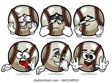 set of funny baseball Ball cartoon character Mascot with various face expression. Vector Illustration Isolated On White Background