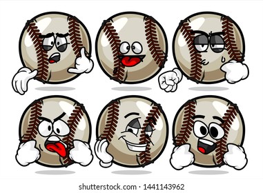 set of funny baseball Ball cartoon character Mascot with various face expression. Vector Illustration Isolated On White Background