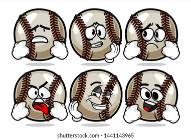 set of funny baseball Ball cartoon character Mascot with various face expression. Vector Illustration Isolated On White Background