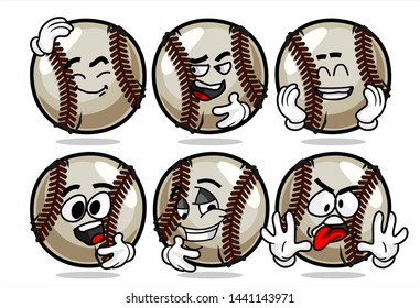 set of funny baseball Ball cartoon character Mascot with various face expression. Vector Illustration Isolated On White Background
