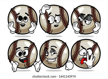 set of funny baseball Ball cartoon character Mascot with various face expression. Vector Illustration Isolated On White Background