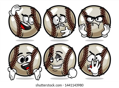 set of funny baseball Ball cartoon character Mascot with various face expression. Vector Illustration Isolated On White Background