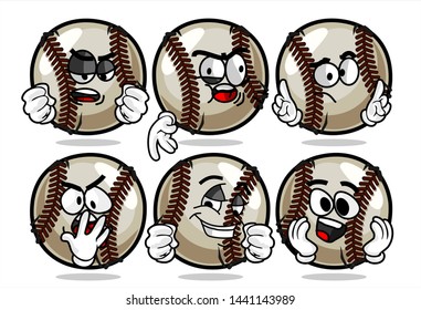 set of funny baseball Ball cartoon character Mascot with various face expression. Vector Illustration Isolated On White Background