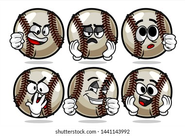 set of funny baseball Ball cartoon character Mascot with various face expression. Vector Illustration Isolated On White Background