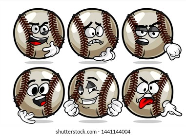 set of funny baseball Ball cartoon character Mascot with various face expression. Vector Illustration Isolated On White Background