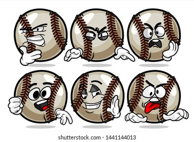 set of funny baseball Ball cartoon character Mascot with various face expression. Vector Illustration Isolated On White Background