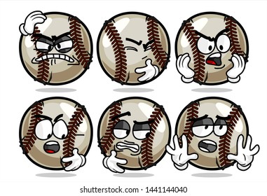 set of funny baseball Ball cartoon character Mascot with various face expression. Vector Illustration Isolated On White Background
