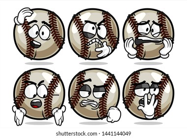 set of funny baseball Ball cartoon character Mascot with various face expression. Vector Illustration Isolated On White Background
