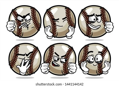 set of funny baseball Ball cartoon character Mascot with various face expression. Vector Illustration Isolated On White Background