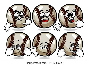 set of funny baseball Ball cartoon character Mascot with various face expression. Vector Illustration Isolated On White Background