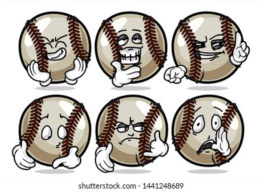 set of funny baseball Ball cartoon character Mascot with various face expression. Vector Illustration Isolated On White Background