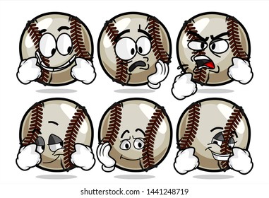 set of funny baseball Ball cartoon character Mascot with various face expression. Vector Illustration Isolated On White Background