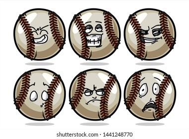 set of funny baseball Ball cartoon character Mascot with various face expression. Vector Illustration Isolated On White Background