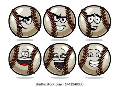 set of funny baseball Ball cartoon character Mascot with various face expression. Vector Illustration Isolated On White Background