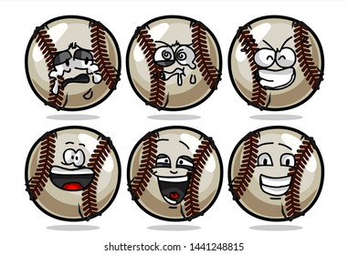 set of funny baseball Ball cartoon character Mascot with various face expression. Vector Illustration Isolated On White Background