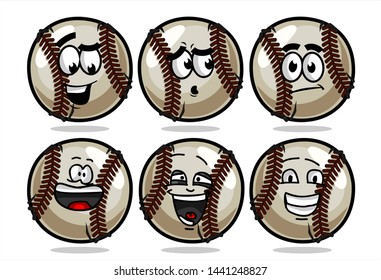 set of funny baseball Ball cartoon character Mascot with various face expression. Vector Illustration Isolated On White Background