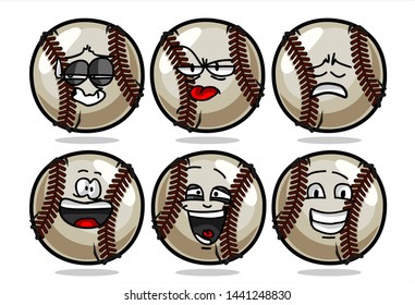 set of funny baseball Ball cartoon character Mascot with various face expression. Vector Illustration Isolated On White Background