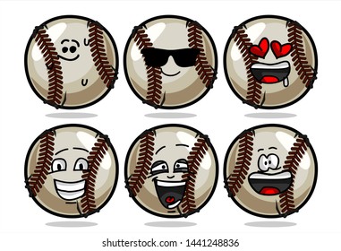set of funny baseball Ball cartoon character Mascot with various face expression. Vector Illustration Isolated On White Background