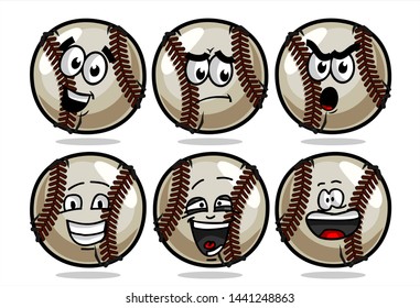 set of funny baseball Ball cartoon character Mascot with various face expression. Vector Illustration Isolated On White Background