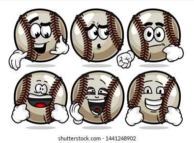 set of funny baseball Ball cartoon character Mascot with various face expression. Vector Illustration Isolated On White Background