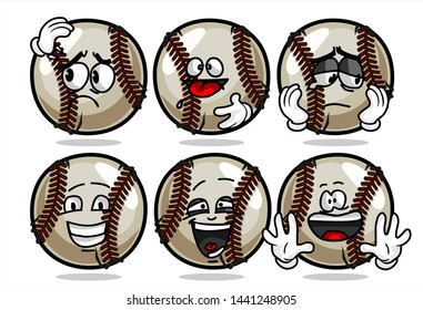 set of funny baseball Ball cartoon character Mascot with various face expression. Vector Illustration Isolated On White Background