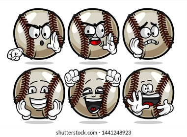 set of funny baseball Ball cartoon character Mascot with various face expression. Vector Illustration Isolated On White Background