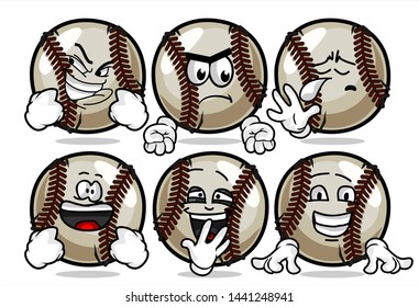 set of funny baseball Ball cartoon character Mascot with various face expression. Vector Illustration Isolated On White Background